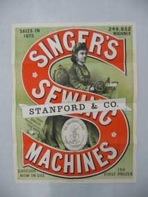 Sign - SINGER SEWING MACHINES, STANFORD & CO 1875 SALES POSTER