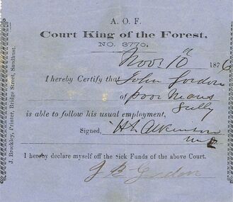 Document - ANCIENT ORDER OF FORESTERS NO 3770 COLLECTION: DOCTOR'S CERTIFICATE