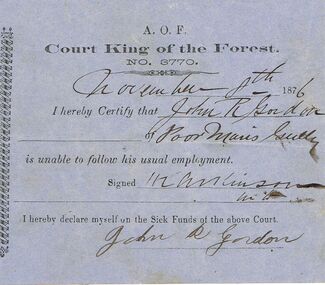 Document - ANCIENT ORDER OF FORESTERS NO 3770 COLLECTION: DOCTOR'S CERTIFICATE