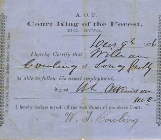 Document - ANCIENT ORDER OF FORESTERS NO 3770 COLLECTION: DOCTOR'S CERTIFICATE