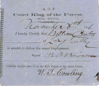 Document - ANCIENT ORDER OF FORESTERS NO 3770 COLLECTION: DOCTOR'S CERTIFICATE