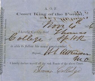 Document - ANCIENT ORDER OF FORESTERS NO 3770 COLLECTION: DOCTOR'S CERTIFICATE