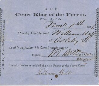 Document - ANCIENT ORDER OF FORESTERS NO 3770 COLLECTION: DOCTOR'S CERTIFICATE