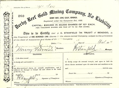Document - DERBY REEF GOLD MINING CO, NO LIABILITY SHARE SCRIP NO 260, 1912