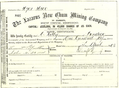 Document - THE LAZARUS NEW CHUM MINING COMPANY, SCRIP CERTIFICATE, 1903