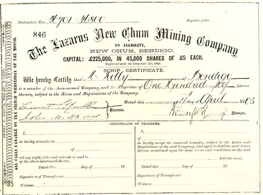 Document - THE LAZARUS NEW CHUM MINING COMPANY, SCRIP CERTIFICATE, 1903