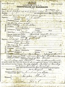 Document - SCHUTT / WENDEL 1861 CERTIFICATE OF MARRIAGE, 1861