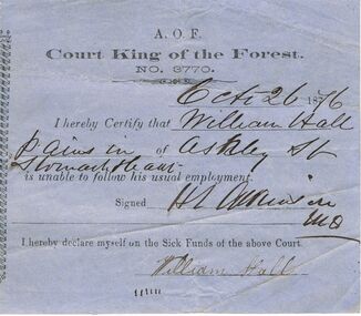 Document - ANCIENT ORDER OF FORESTERS NO 3770 COLLECTION: DOCTOR'S CERTIFICATE