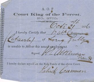 Document - ANCIENT ORDER OF FORESTERS NO 3770 COLLECTION: DOCTOR'S CERTIFICATE