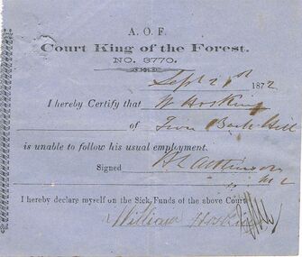 Document - ANCIENT ORDER OF FORESTERS NO 3770 COLLECTION: DOCTOR'S CERTIFICATE