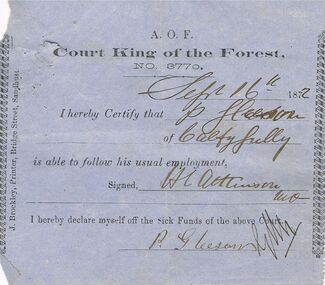 Document - ANCIENT ORDER OF FORESTERS NO 3770 COLLECTION: DOCTOR'S CERTIFICATE