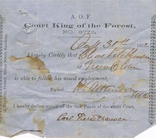 Document - ANCIENT ORDER OF FORESTERS NO 3770 COLLECTION: DOCTOR'S CERTIFICATE