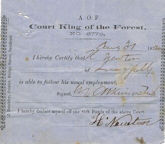 Document - ANCIENT ORDER OF FORESTERS NO 3770 COLLECTION: DOCTOR'S CERTIFICATE