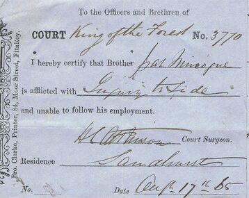 Document - ANCIENT ORDER OF FORESTERS NO 3770 COLLECTION: DOCTOR'S CERTIFICATE
