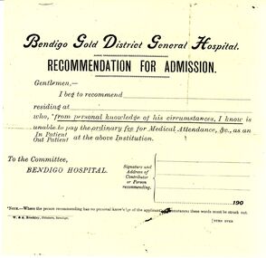 Document - ADMISSION FORM, BENDIGO HOSPITAL