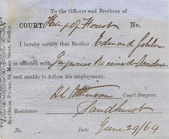 Document - ANCIENT ORDER OF FORESTERS NO 3770 COLLECTION: DOCTOR'S CERTIFICATE