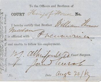 Document - ANCIENT ORDER OF FORESTERS NO 3770 COLLECTION: DOCTOR'S CERTIFICATE