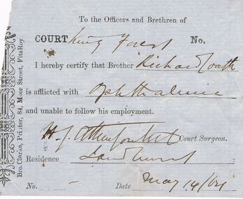 Document - ANCIENT ORDER OF FORESTERS NO 3770 COLLECTION: DOCTOR'S CERTIFICATE