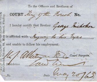 Document - ANCIENT ORDER OF FORESTERS NO 3770 COLLECTION: DOCTOR'S CERTIFICATE