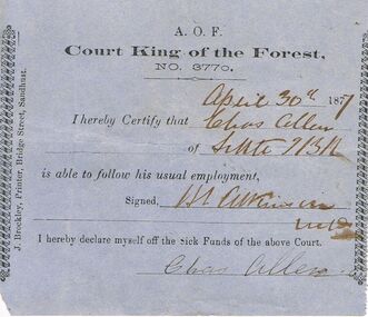 Document - ANCIENT ORDER OF FORESTERS NO 3770 COLLECTION: DOCTOR'S CERTIFICATE