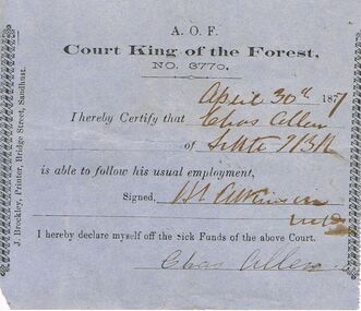 Document - ANCIENT ORDER OF FORESTERS NO 3770 COLLECTION: DOCTOR'S CERTIFICATE