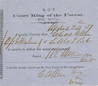 Document - ANCIENT ORDER OF FORESTERS NO 3770 COLLECTION: DOCTOR'S CERTIFICATE