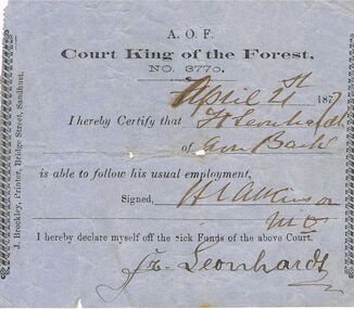 Document - ANCIENT ORDER OF FORESTERS NO 3770 COLLECTION: DOCTOR'S CERTIFICATE