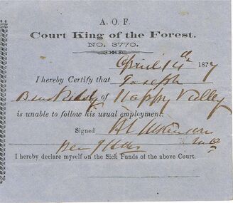 Document - ANCIENT ORDER OF FORESTERS NO 3770 COLLECTION: DOCTOR'S CERTIFICATE