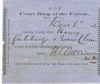Document - ANCIENT ORDER OF FORESTERS NO 3770 COLLECTION: DOCTOR'S CERTIFICATE