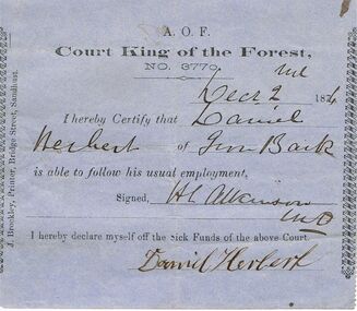 Document - ANCIENT ORDER OF FORESTERS NO 3770 COLLECTION: DOCTOR'S CERTIFICATE