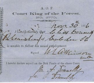 Document - ANCIENT ORDER OF FORESTERS NO 3770 COLLECTION: DOCTOR'S CERTIFICATE