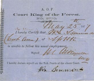 Document - ANCIENT ORDER OF FORESTERS NO 3770 COLLECTION: DOCTOR'S CERTIFICATE