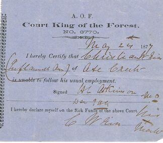 Document - ANCIENT ORDER OF FORESTERS NO 3770 COLLECTION: DOCTOR'S CERTIFICATE