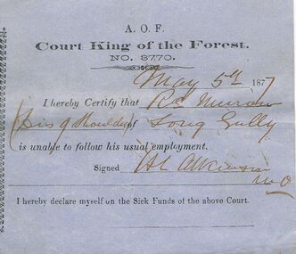 Document - ANCIENT ORDER OF FORESTERS NO 3770 COLLECTION: DOCTOR'S CERTIFICATE