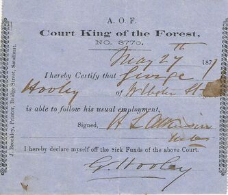 Document - ANCIENT ORDER OF FORESTERS NO 3770 COLLECTION: DOCTOR'S CERTIFICATE