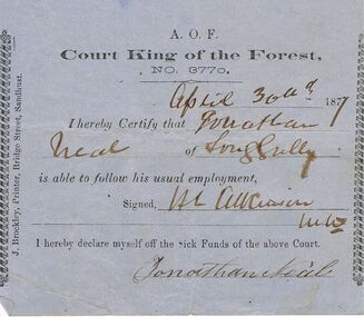 Document - ANCIENT ORDER OF FORESTERS NO 3770 COLLECTION: DOCTOR'S CERTIFICATE