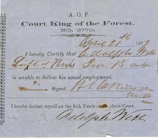 Document - ANCIENT ORDER OF FORESTERS NO 3770 COLLECTION: DOCTOR'S CERTIFICATE