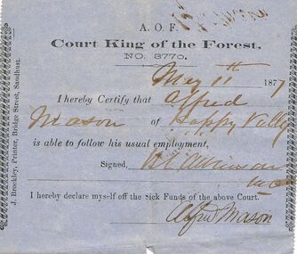 Document - ANCIENT ORDER OF FORESTERS NO 3770 COLLECTION: DOCTOR'S CERTIFICATE