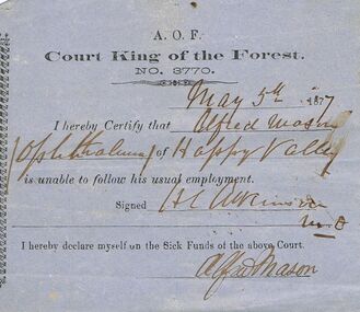 Document - ANCINET ORDER OF FORESTERS NO 3770 COLLECTION - DOCTOR'S CERTIFICATE