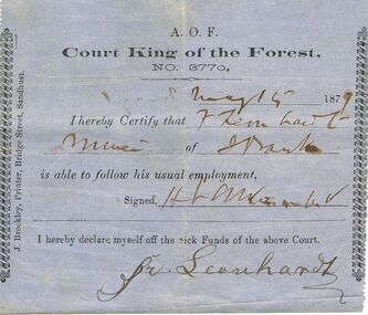 Document - ANCIENT ORDER OF FORESTERS NO 3770 COLLECTION: DOCTOR'S CERTIFICATE