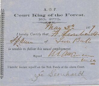 Document - ANCIENT ORDER OF FORESTERS NO 3770 COLLECTION: DOCTOR'S CERTIFICATE