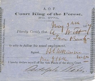 Document - ANCIENT ORDER OF FORESTERS NO 3770 COLLECTION: DOCTOR'S CERTIFICATE