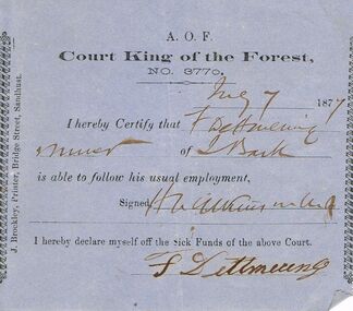 Document - ANCIENT ORDER OF FORESTERS NO 3770 COLLECTION: DOCTOR'S CERTIFICATE