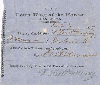 Document - ANCIENT ORDER OF FORESTERS NO 3770 COLLECTION: DOCTOR'S CERTIFICATE