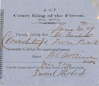 Document - ANCIENT ORDER OF FORESTERS NO 3770 COLLECTION: DOCTOR'S CERTIFICATE