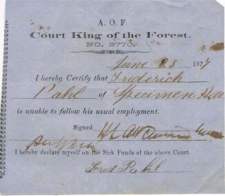 Document - ANCIENT ORDER OF FORESTERS NO 3770 COLLECTION: DOCTOR'S CERTIFICATE