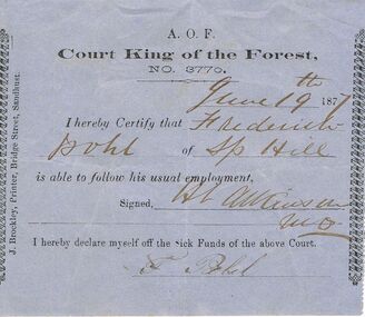 Document - ANCIENT ORDER OF FORESTERS NO 3770 COLLECTION: DOCTOR'S CERTIFICATE
