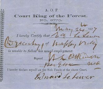 Document - ANCIENT ORDER OF FORESTERS NO 3770 COLLECTION: DOCTOR'S CERTIFICATE
