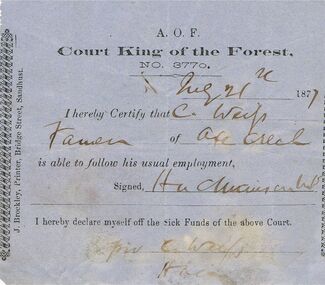 Document - ANCIENT ORDER OF FORESTERS NO 3770 COLLECTION: DOCTOR'S CERTIFICATE