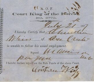 Document - ANCIENT ORDER OF FORESTERS NO 3770 COLLECTION: DOCTOR'S CERTIFICATE